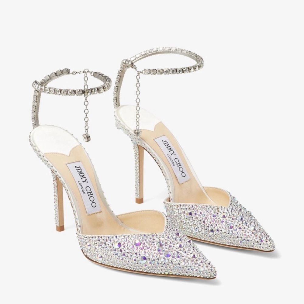 NYC- New Jimmy Choo Saeda 100 Ivory Crystal- perfect for weddings or glamour.